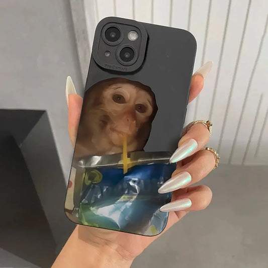 Phone Case for Iphone 16E 11 12 13 14 15 16 Pro Max XS X XR 7 8 plus SE 2022 Monkey Drinking Juice Printed Soft Silicone Cover